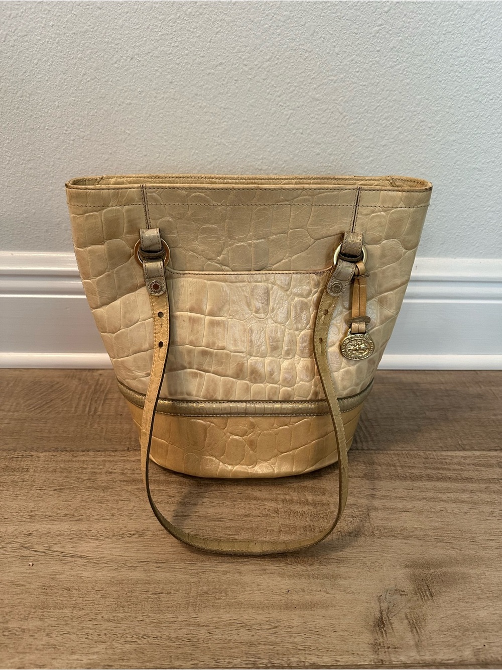 Brahmin Cream Croc-Embossed Leather Tote with Gold Charm - Picture 2 of 6